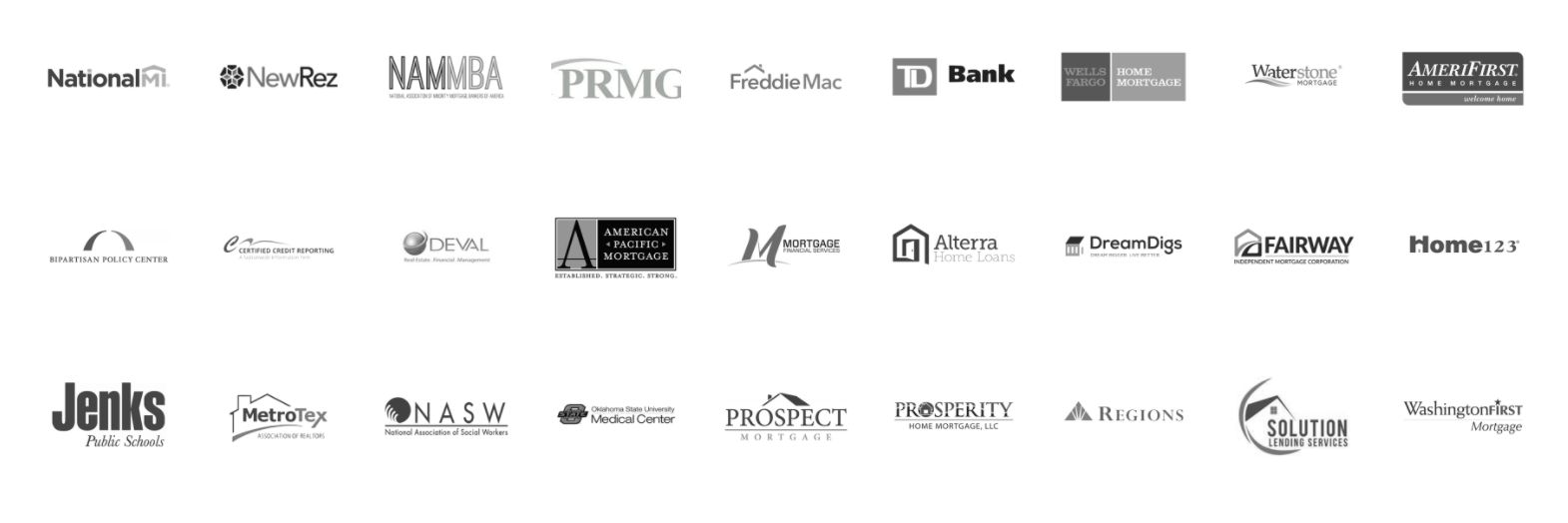 Logos of companies Kristin has worked with, including National MI, NewRez, NAMMBA, PRMG, Freddie Mac, TD Bank, Wells Fargo Home Mortgage, Waterstone Mortgage, AmeriFirst, Bipartisan Policy Center, Fairway, Regions, and more.